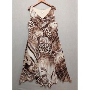 Dressbarn Animal Print Midi Dress 16 Asymmetric Hem Brown Resort Flowy Vacation